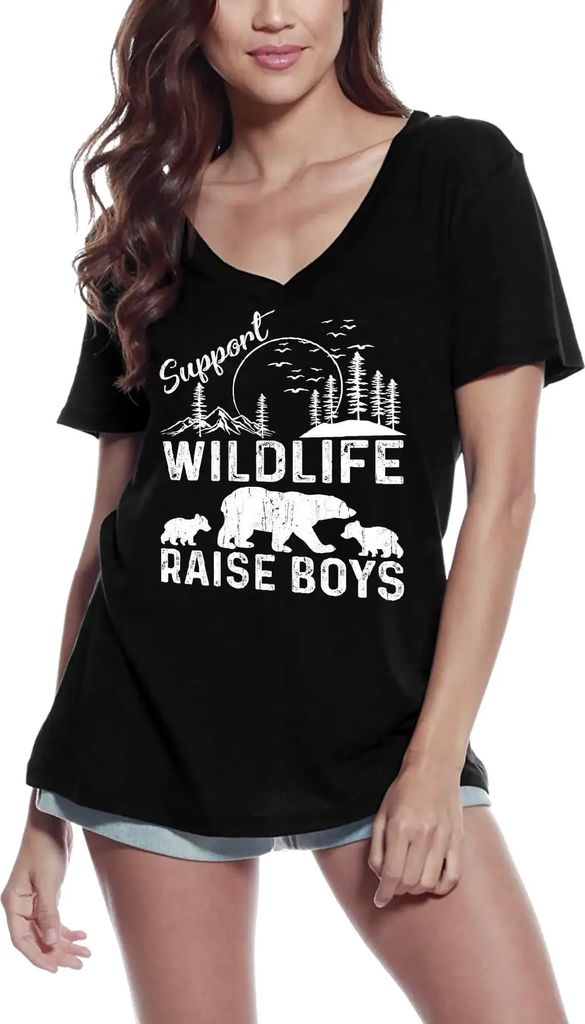 Damen Grafik T-Shirt V-Ausschnitt Wildtiere unterstützen Jungen erziehen - Tiere lieben – Support Wildlife Raise Boys - Love Animals