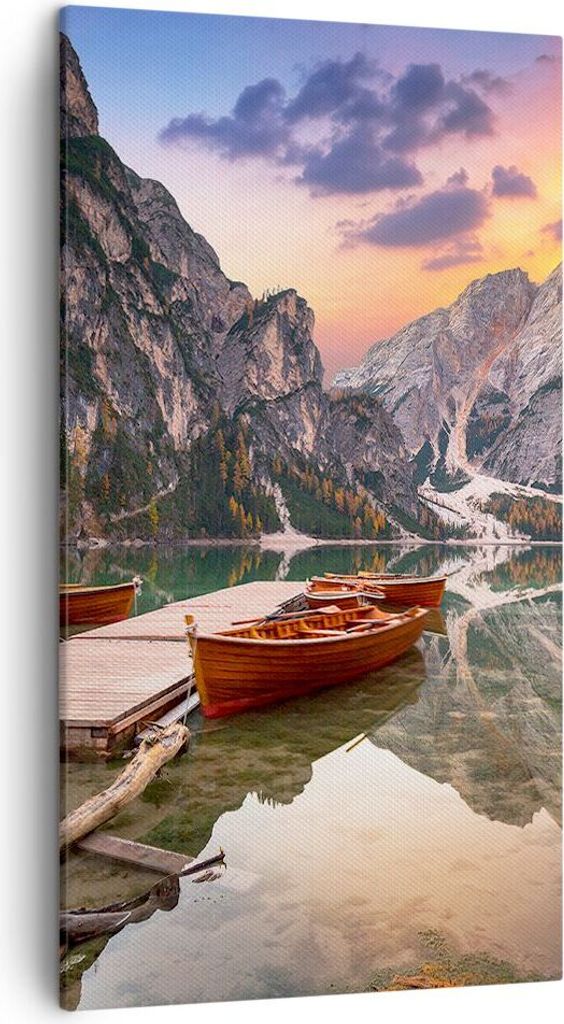 Bild auf Leinwand - Leinwandbild - Einteilig - Boote Berge See - 45x80cm - Wand Bild - Wanddeko - Wandbilder - Leinwanddruck - Bilder - Wanddekorat...