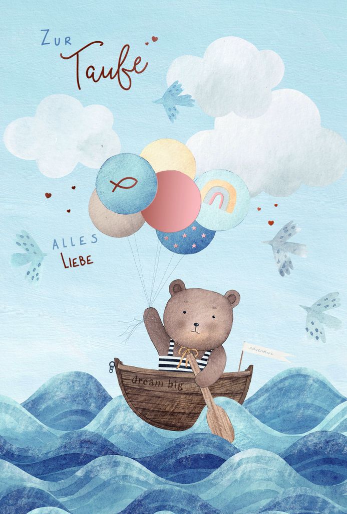 Taufe Karte mit Briefumschlag Bär in Ruderboot mit Luftballons