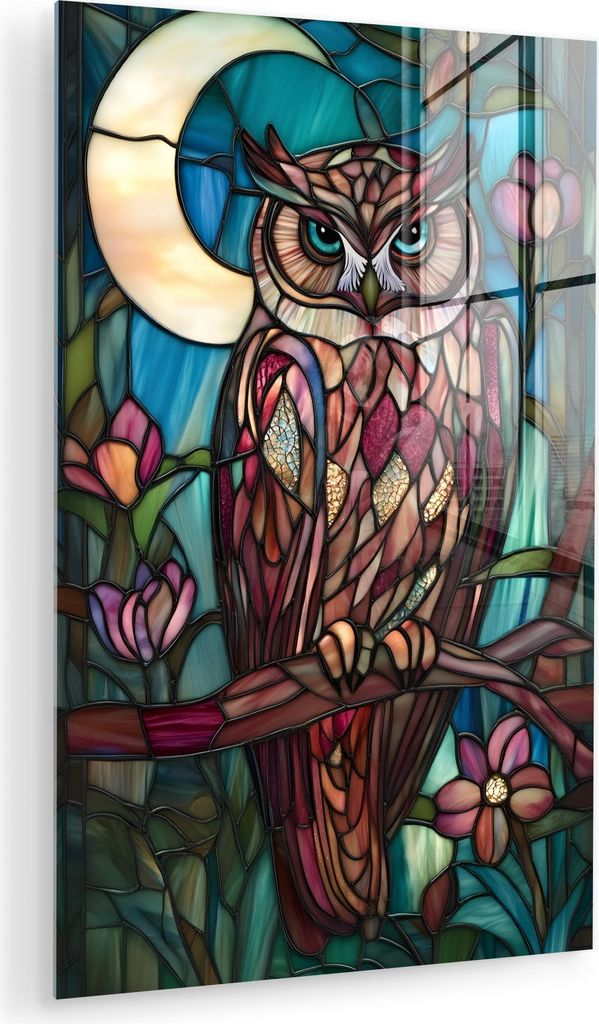 MuchoWow Glasbilder - Bilder auf Wandbild - Foto auf Glas Eule - Mosaik - Mond - Nacht 60x90 cm Wanddekoration aus Glas - Acrylglasbild - Acrylbild...