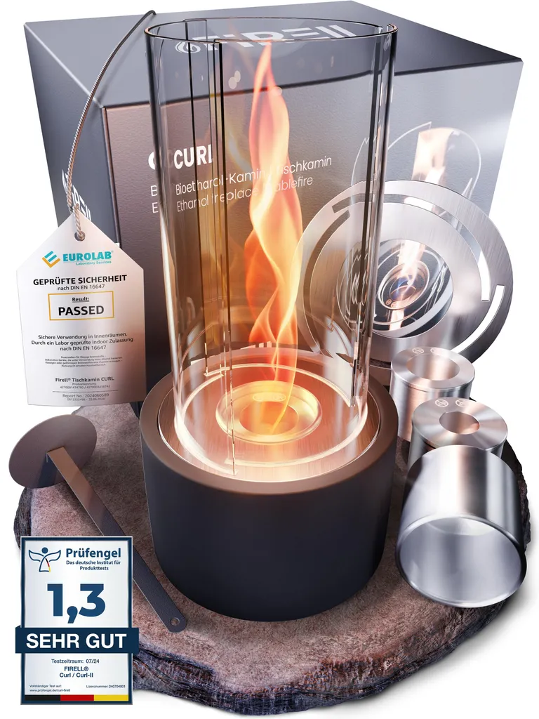 CURL Black Caminetto Tavolo Bioetanolo: Fiamma Vortice e Cemento Nero