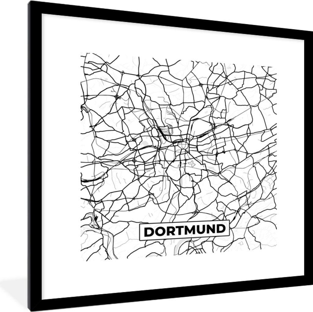 MuchoWow Gerahmtes Poster Dortmund - Karte - Stadtplan 40x40 cm - Poster mit Schwarzem Bilderrahmen Wandposter Rahmen Foto Bilder - Poster - Plak...