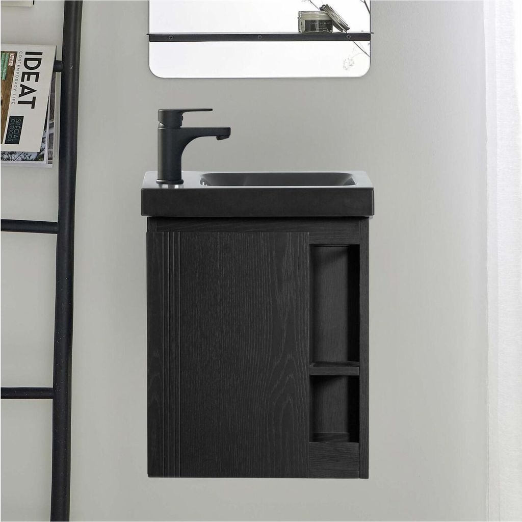 Schwarzes Waschbeckenset HAMPTON mit seitlicher Ablage und Wasserhahn