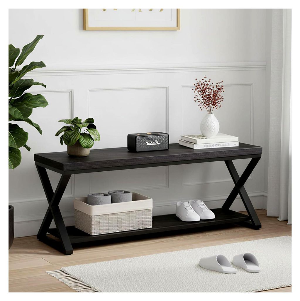 Moderne Schuhbank mit Stauraum für Flur, Wohnzimmer, Schlafzimmer und Esszimmer im Farmhouse-Design aus Holz und Metall, Schwarz, 120 cm