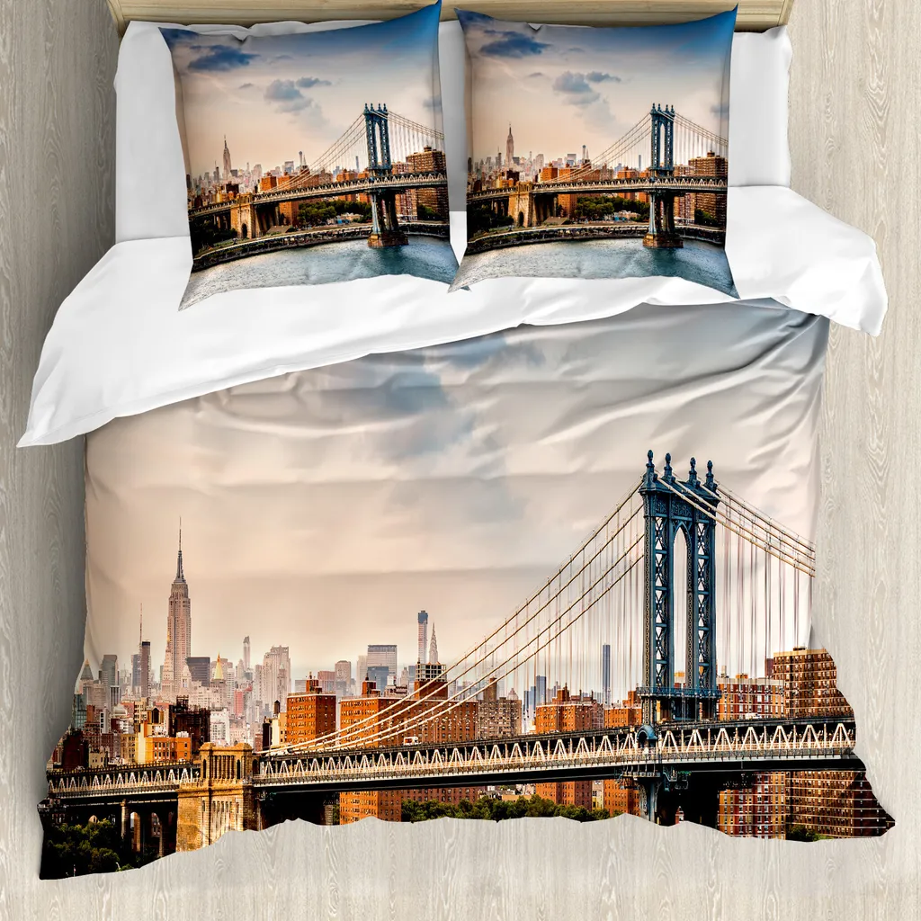 ABAKUHAUS New York Copripiumino, Manhattan Bridge a New York City, antiacaro, adatto a chi soffre di allergie, con federe, 155 cm x 220 cm - 80 x 80 cm, multicolore