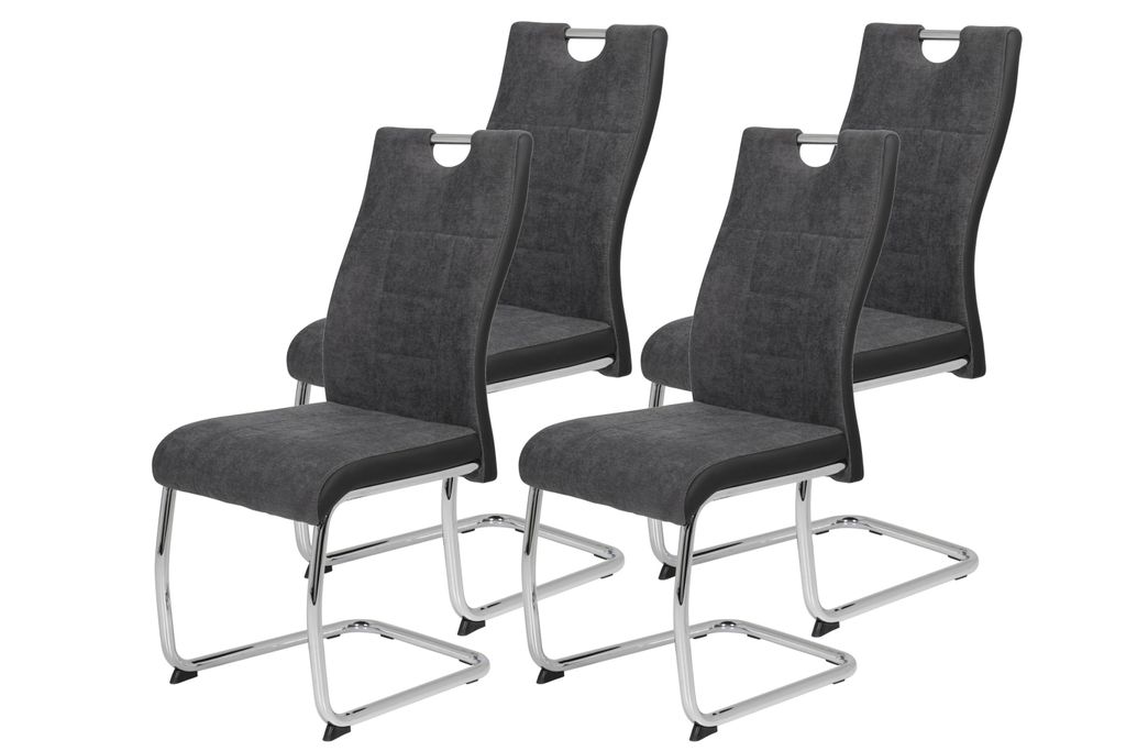 Hela Tische - 4er Set Freischwinger Esszimmerstuhl Alina - Bezug Webstoff Anthrazit - Metallgestell Chrom und Griffstange - Belastbarkeit 120 kg