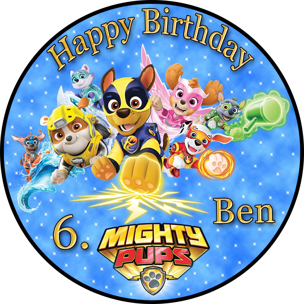 Tortenaufleger Fototorte Tortenbild Kindergeburtstag Paw Patrol Mighty Pups PP04 (Zuckerpapier) Rund 14 cm Ø ohne Foto Blau