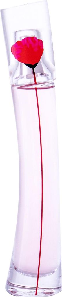 A perfume bottle with a red flower inside.