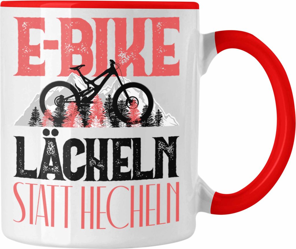 Trendation - E-Bike Fahrer Tasse Geschenk Lächeln Statt Hecheln Lustiger Spruch für EBike Fahrer (Rot)