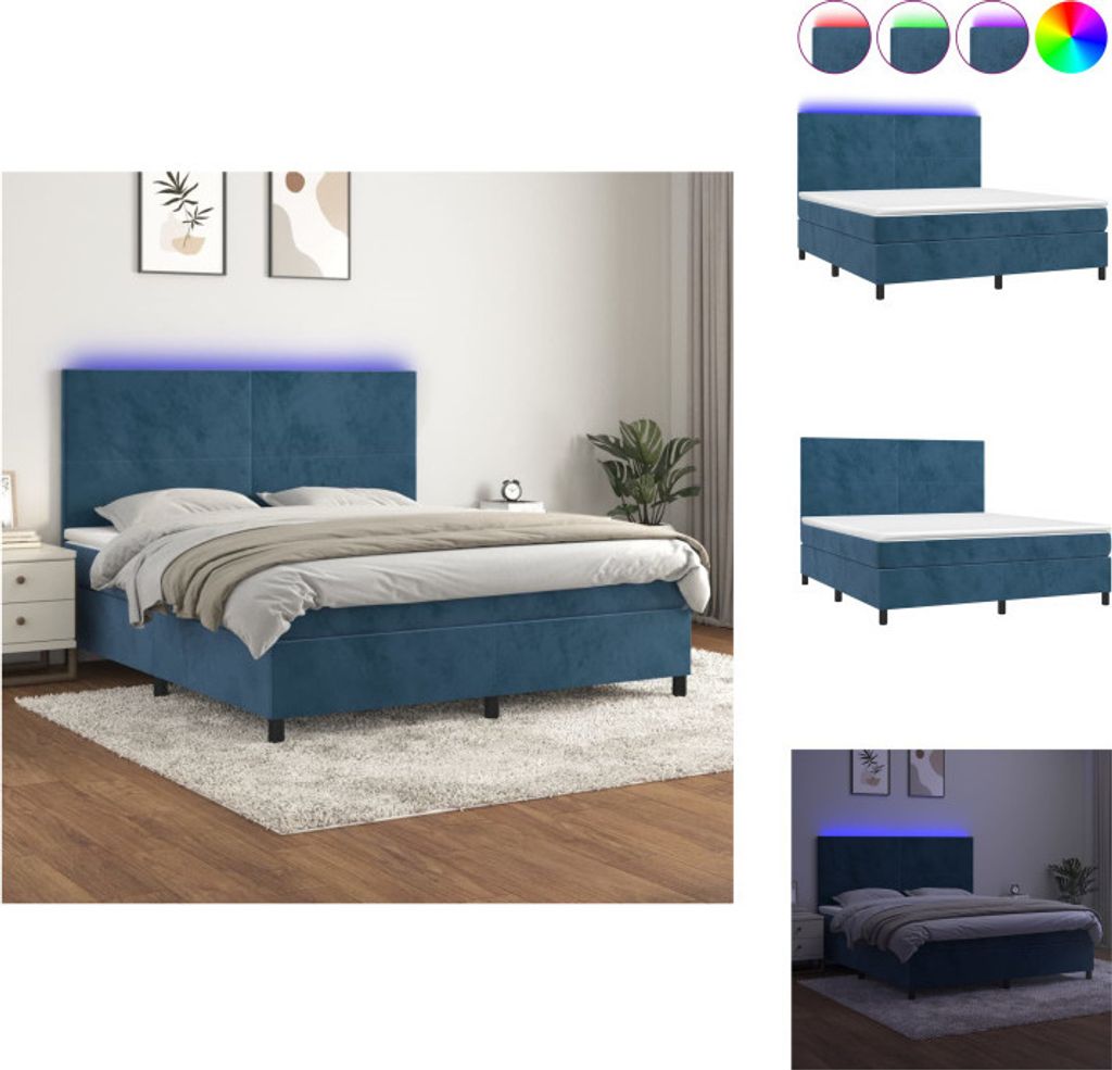 vidaXL Boxspringbett mit Matratze & LED Dunkelblau 180x200 cm Samt - Betten & Bettgestelle