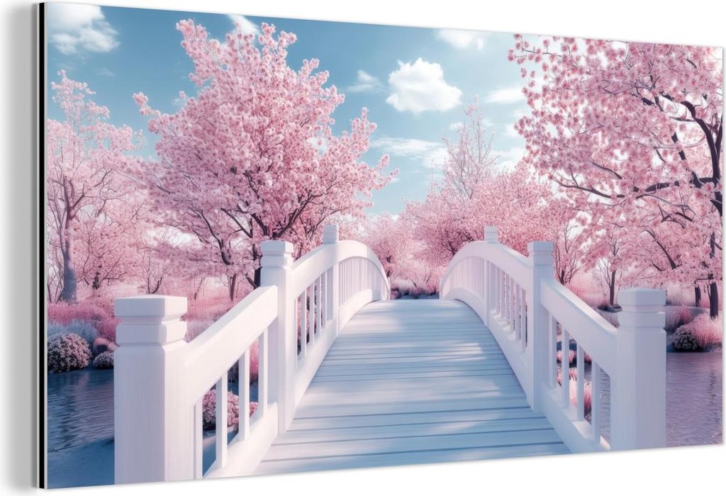 MuchoWow Wanddekoration Metall Metallbild Wandkunst 120x60 cm Brücke - Kirschbäume - Weiß MuchoWow Aluminium Gemälde - Metalbilder