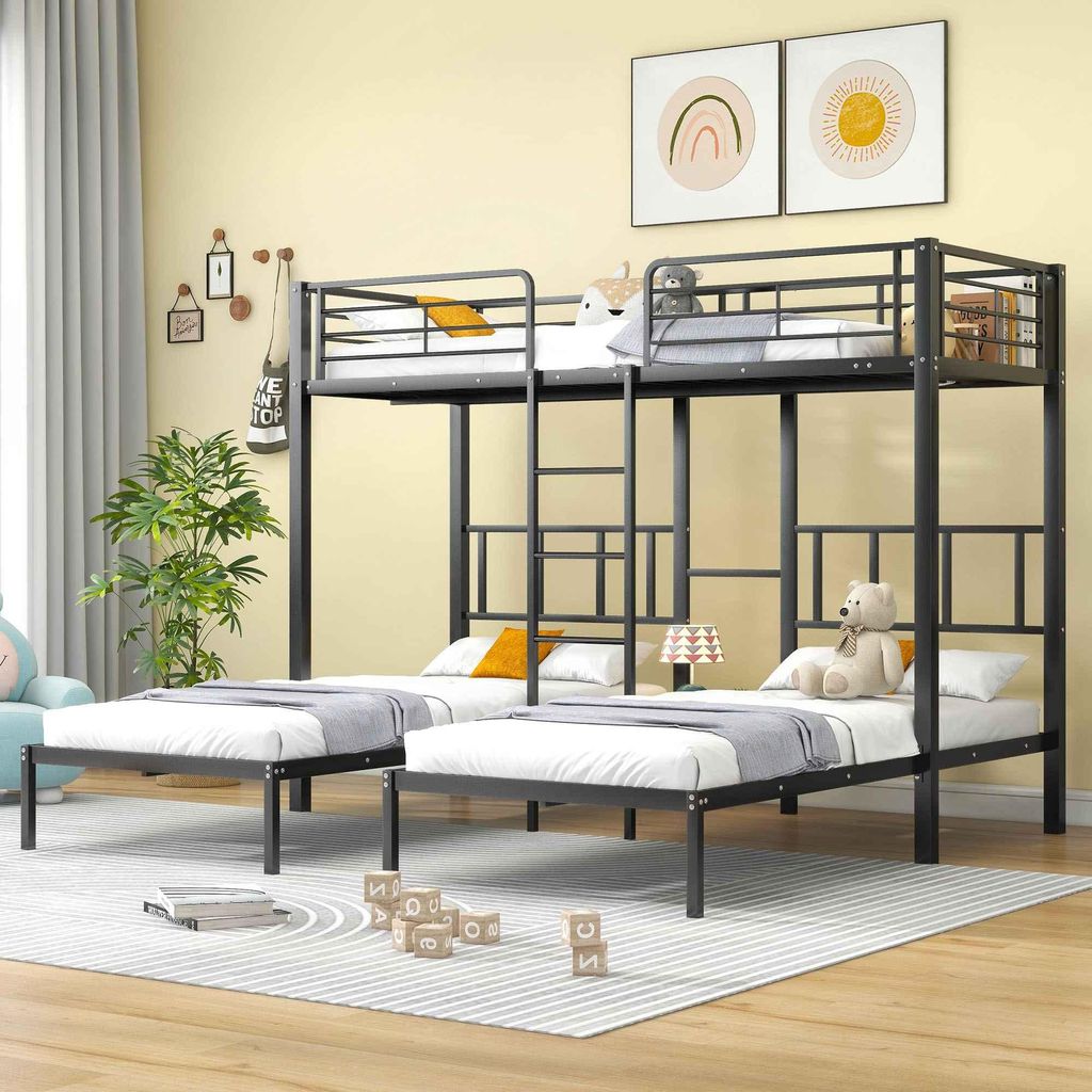 Robustes und sicheres Hochbett für 3 Personen mit Stauraum und Leiter, Metallgestell, platzsparend für Kinder, Schwarz 90x200cm