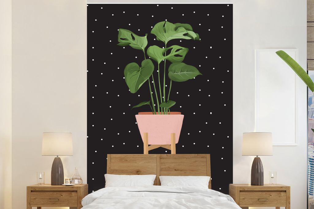 MuchoWow Fototapete für Wohnzimmer oder Schlafzimmer Wandtapete Vinyl Motivtapete Zimmerpflanze - Monstera - Dots - 195x300 cm - Das Hintergrund...