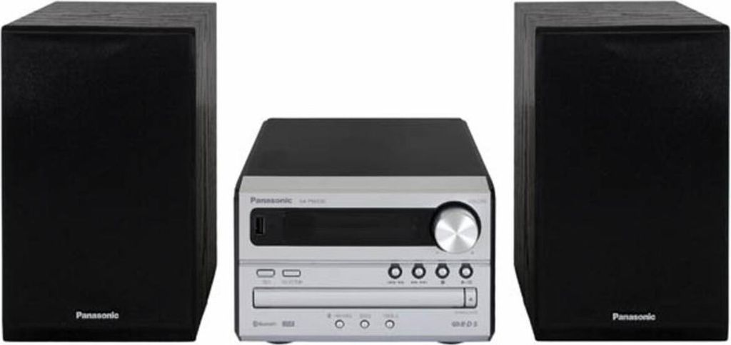 A Panasonic micro system with two speakers, presented in a studio shot against a white background.