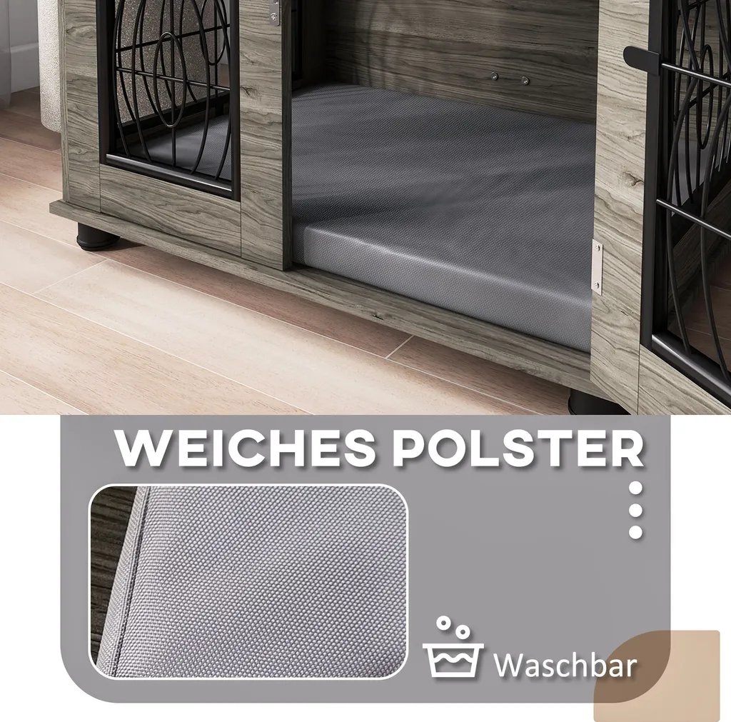 PawHut cassa per cani per casa, casetta per cani con cuscino, porta d'ingresso con serratura, cuccia per cani da interno con ventilazione in rete metallica per cani di taglia media fino a 20 kg, grigio, 80 x 56 x 63 cm - 6