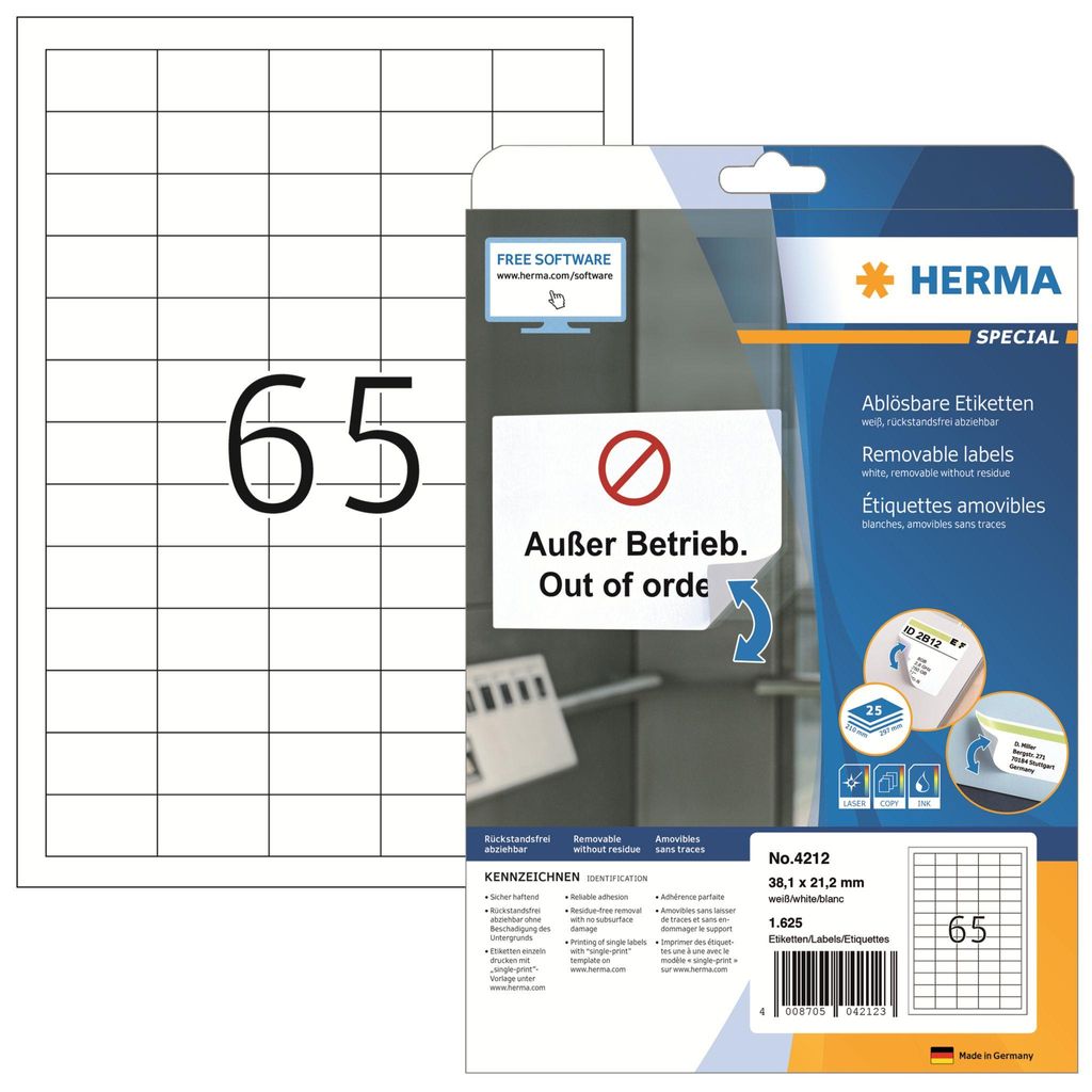 HERMA 4212 etichette Movables A4 bianche 38,1x21,2 mm Immagine del prodotto 