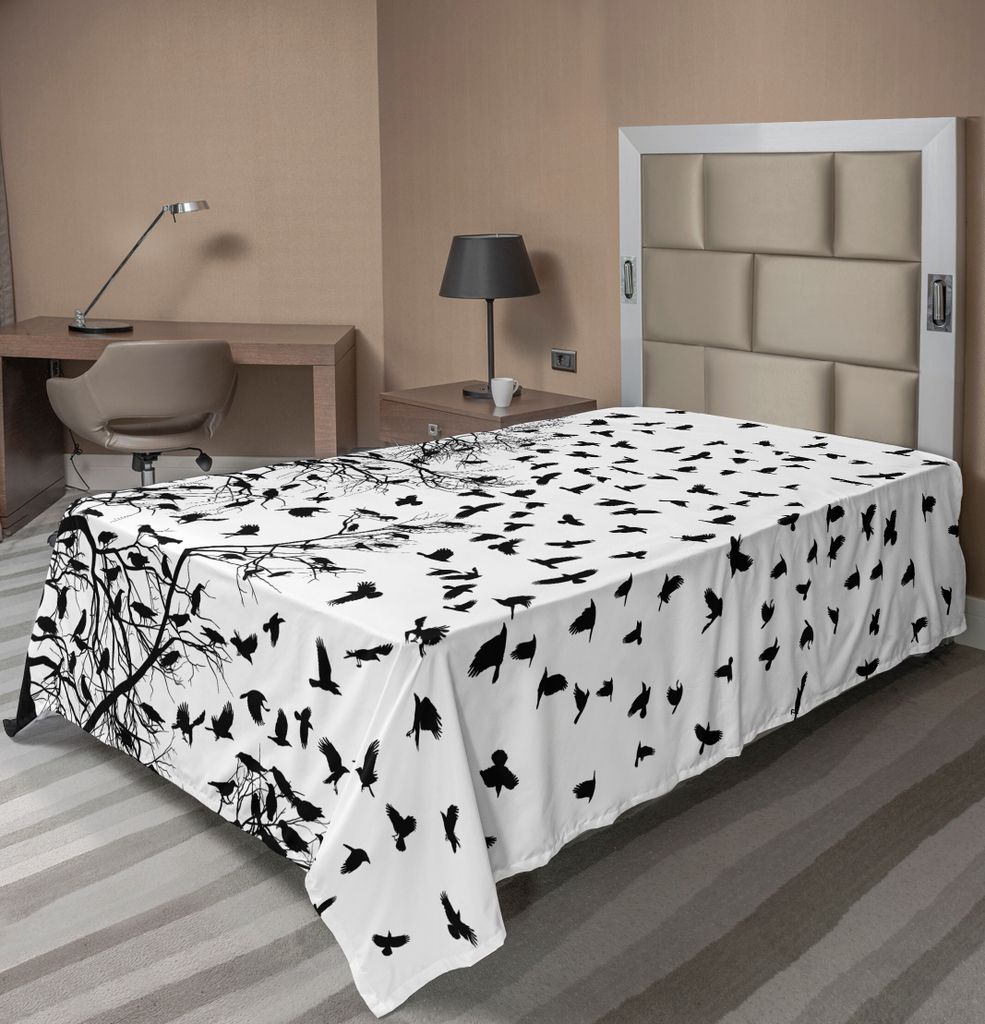 ABAKUHAUS Schwarz und weiß Bettlaken, Baum Birke Zweige Flying Birds Natural Life Fall Themed Silhouette Stil, weiches bequemes oberes Bettlaken f...