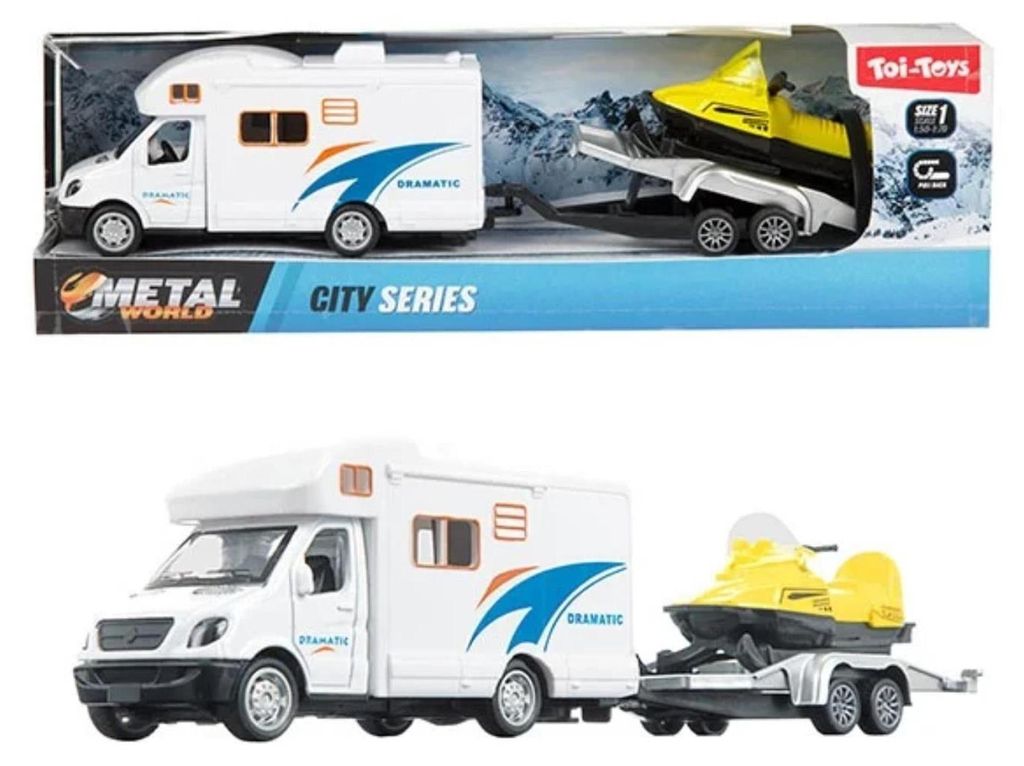 MetalWorld Pull Back Camper met Aanhanger en Sneeuwscooter