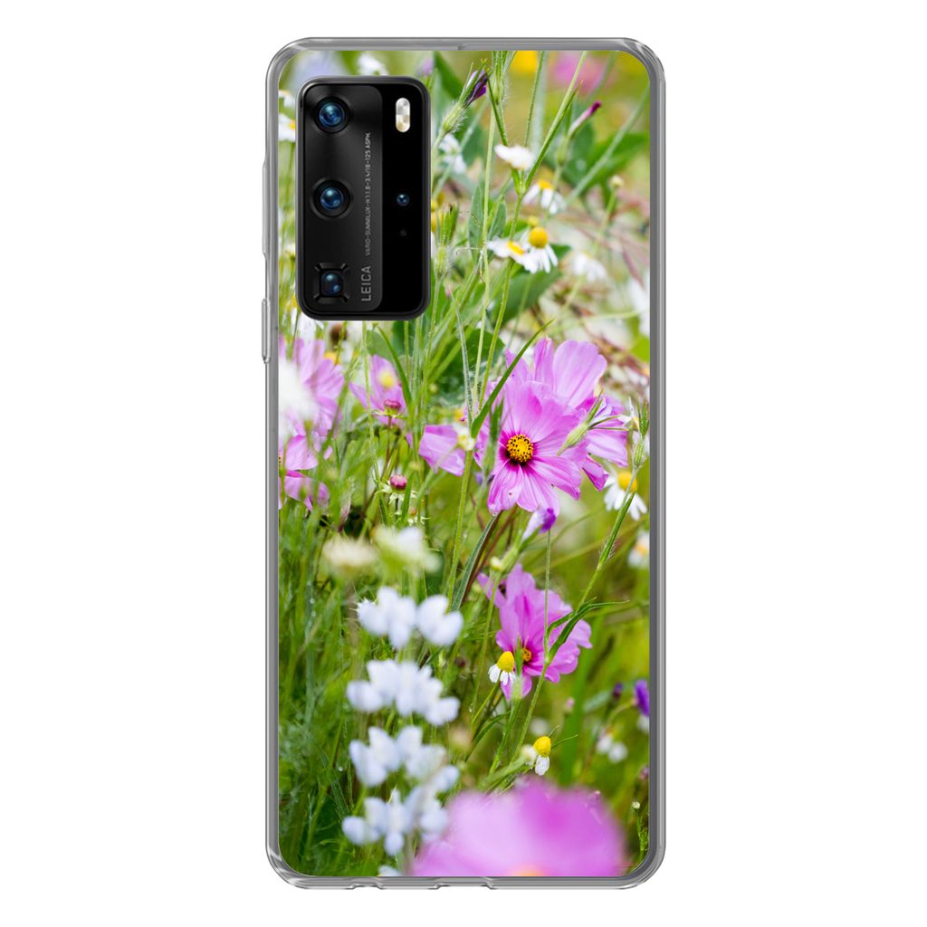 MuchoWow Handyhülle Schutzhülle Hülle für Huawei P40 Pro Blumen - Natur - Grün - Gras - Lila - Weiß Silikon Softcase Handy Hülle - Schutz
