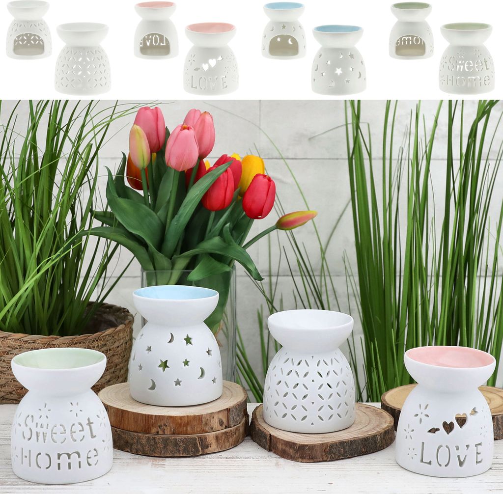 Duftlampe 4er Set Keramik 9x9,5cm Ausstanzung Schrift Muster weiß blau rosa grün Aromalampe Raumduft Teelicht