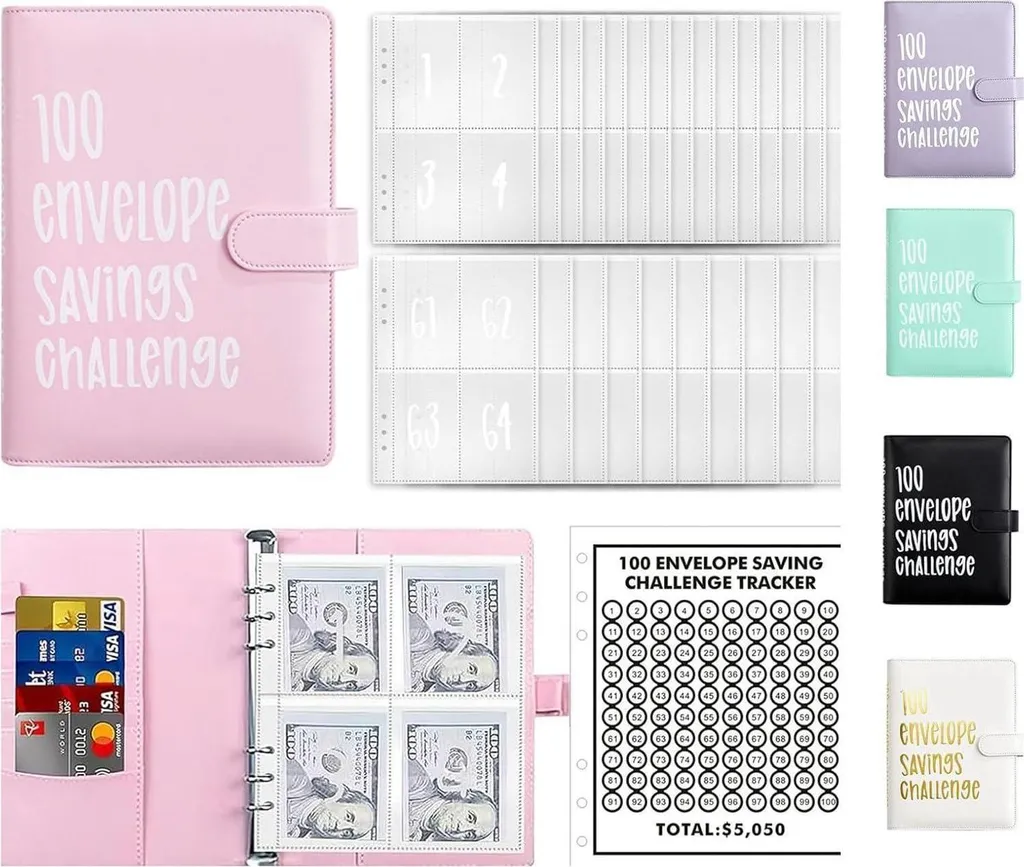 Classeur Budget A5 avec 100 Enveloppes pour Défi Épargne Maison Rose