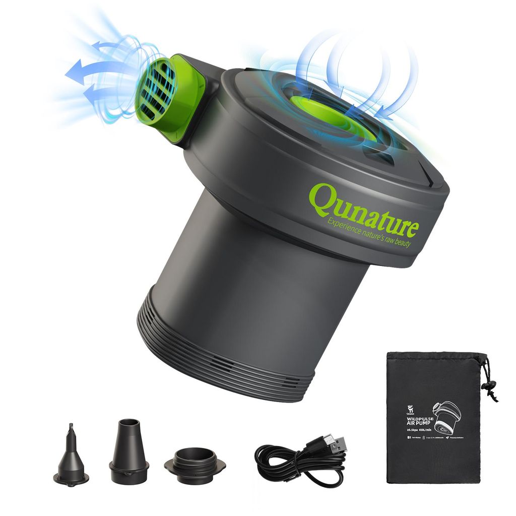 Qunature Tragbare Elektrische Luftpumpe mit 3 Düsen, 2-in-1 Inflate und Deflate Elektropumpe Camping Pumpe 2400mAh für Camping, Luftmatratze,Pool