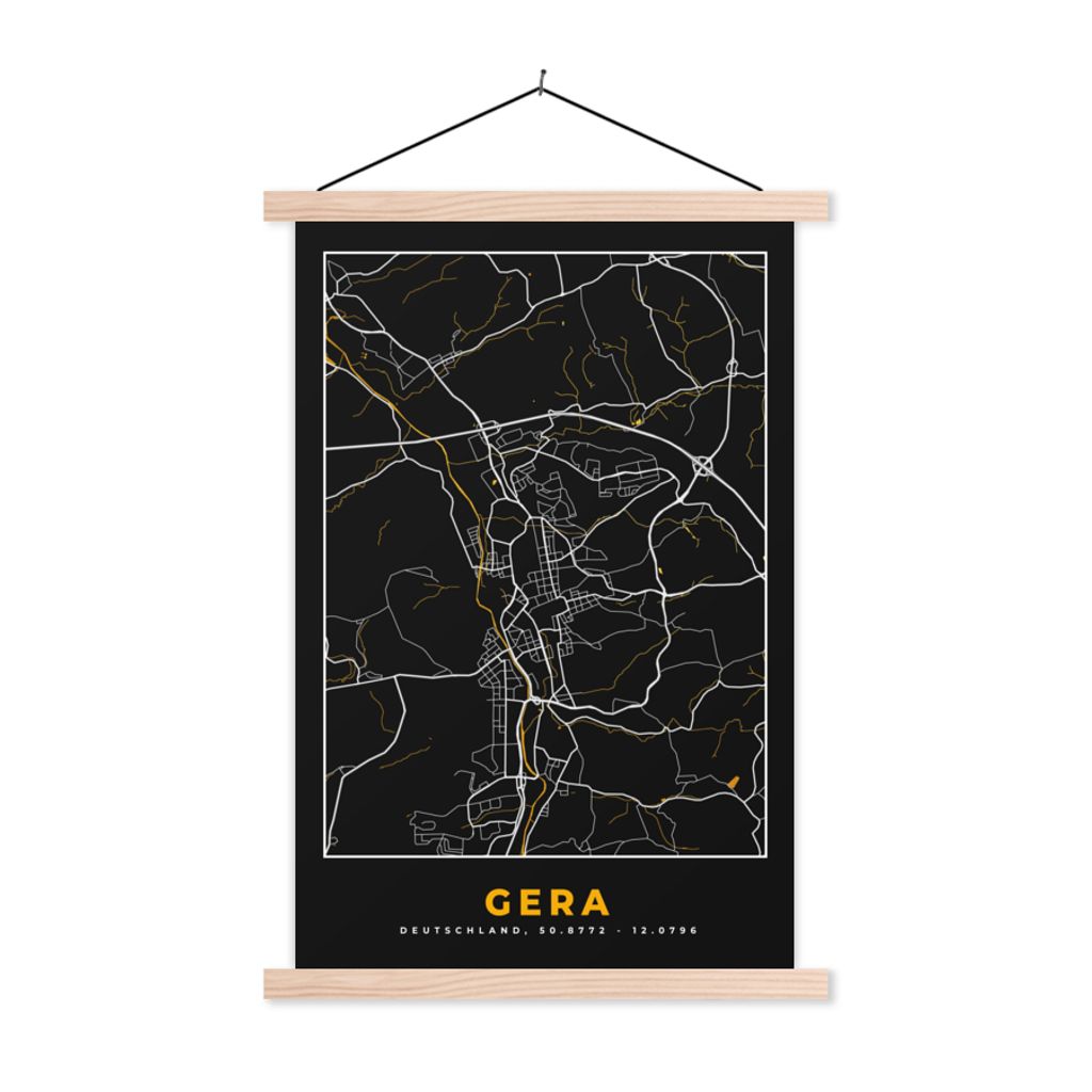 MuchoWow Textilposter Gera - Gold - Stadtplan - Karte - Deutschland 40x60 cm mit holzfarbenen Rahmen - Poster