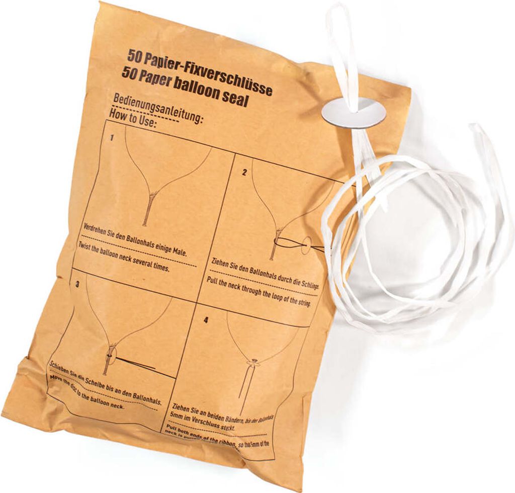 50 weiße Eco Ballonverschlüsse mit Band 1,3m Produktbild 