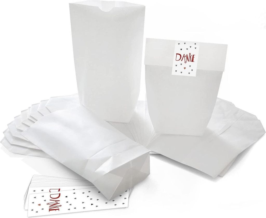 10 kleine weiße Kreuzbodenbeutel 16,5 x 26 x 6,6 cm + 10 Banderolen 5 x 15 cm DANKE rot graue HERZEN - Papier-Tüten give-aways Mitgebsel Verpacku...