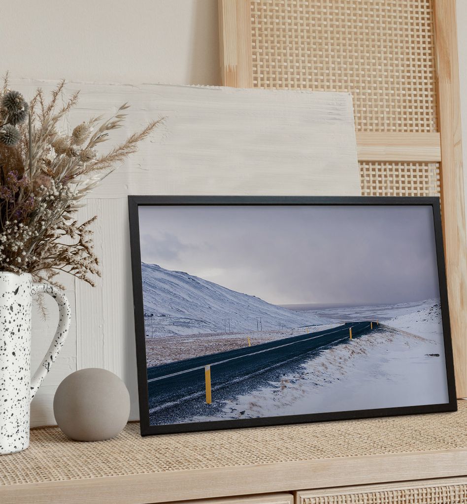 Poster Winter Straße, groesse_poster:50x70 cm, groesse_rahmen:birke Passepartout 70x100 cm