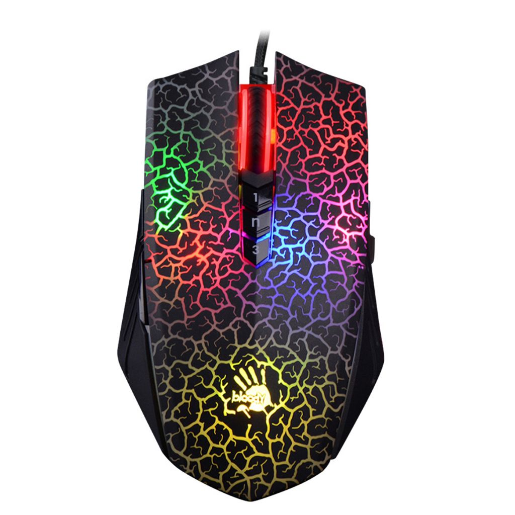 A gaming mouse with colorful LED lighting.