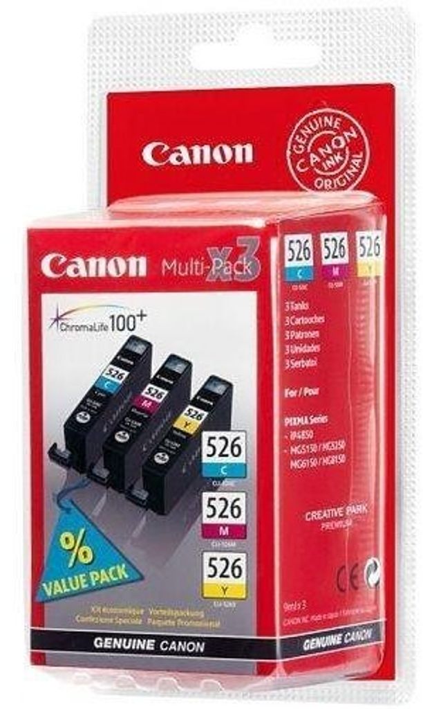 3 Original Druckerpatronen für Canon Pixma CLI-526 C/M/Y Multi-Pack CLI-526C/M/Y Multi-Pack iP4850, MG5150, MG5250, MG6150, MG8150 - CLI-526C , CL...