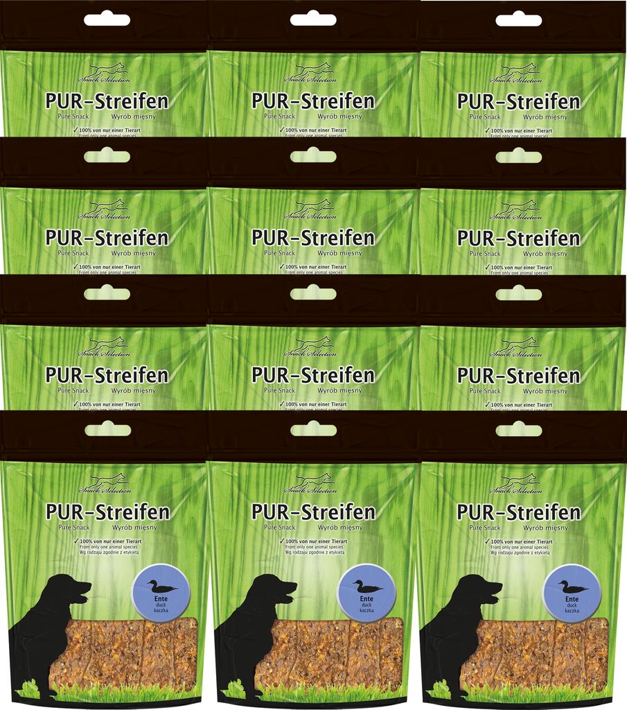 12x100g Schecker PUR Streifen Ente - Kausnack für Hunde von einer Tierart - getreidefrei