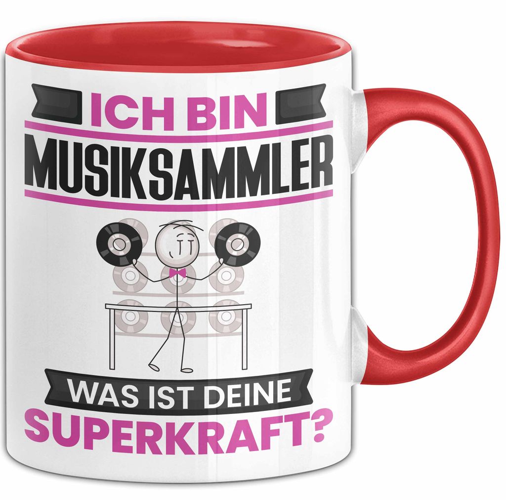 Musiksammler Tasse Geschenk für Musiksammler Geburtstag Lustiger Spruch Kaffee-Becher Was Ist Deine Superkraft (Rot)