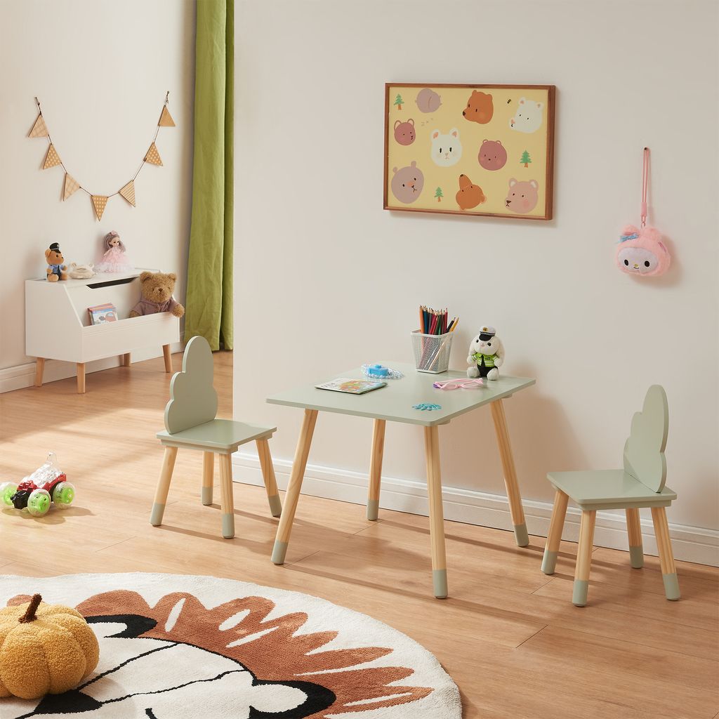 Kindersitzgruppe 'Hovle' Tisch + 2 Stühle mit Wolken-Design Produktbild 