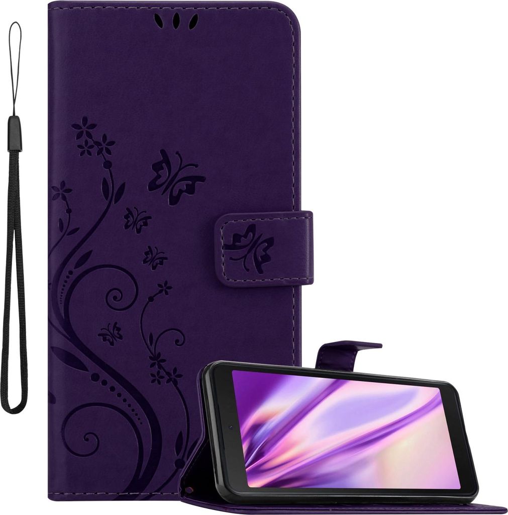 A purple phone case with a floral and butterfly design is shown open, with a smartphone inside. A wrist strap is attached to the case.