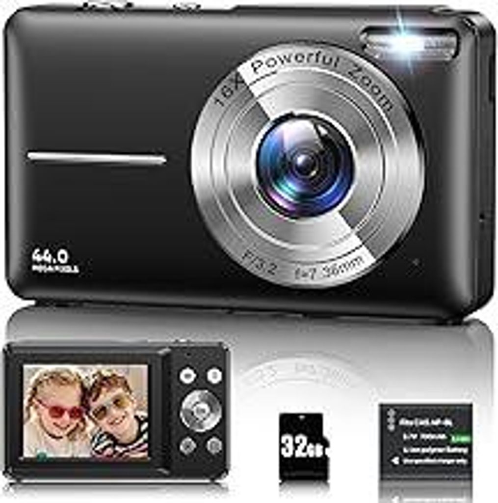 Digitalkamera 1080P 44MP Fotokamera 16X Digitalzoom Kamera, Vlogging Fotoapparat Kompaktkamera mit 2,4 LCD Bildschirm, 32G Micro Speicherkarte, 1 A...