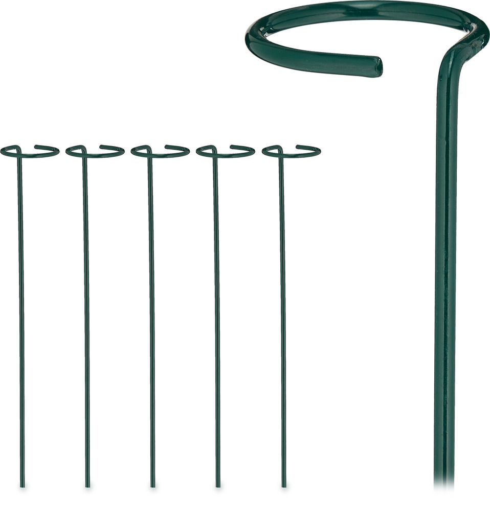 Relaxdays Pflanzstäbe Metall, 6er Set, Rankstäbe mit Ring, Metallstäbe Garten, Rankhilfe Stäbe, 40 cm lang, dunkelgrün