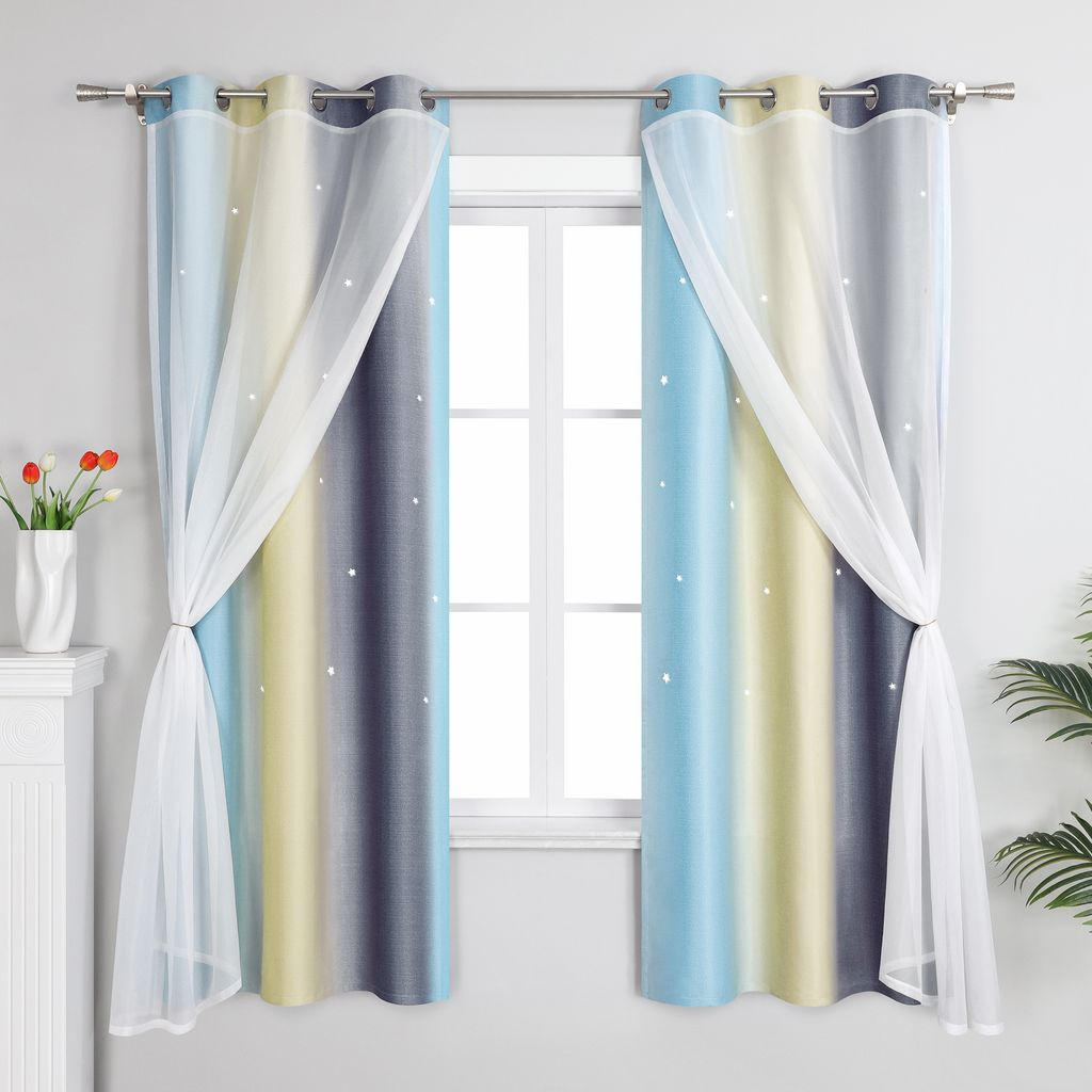 Joyswahl Verdunkelungsvorhänge mit Ösen Sterne Blickdichte Doppelte Gradinen Farbverlauf Thermovorhang für Kinderzimmer BxL 100x250cm Beige