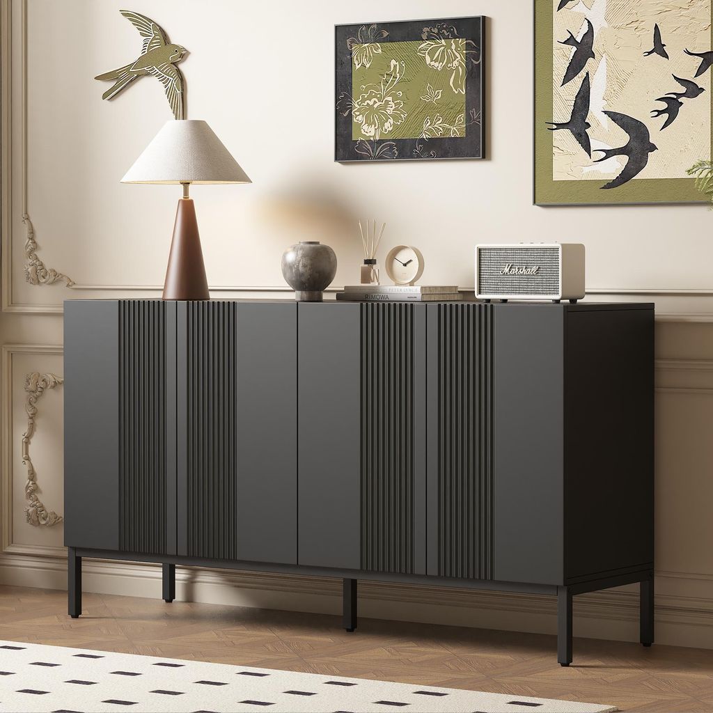Merax Sideboard Kommode mit 4 Tür, Rille Grifflose Türen, Verstellbare Regale, Esszimmer, Küche & Wohnzimmer, 145 cm Kommode, Schwarz