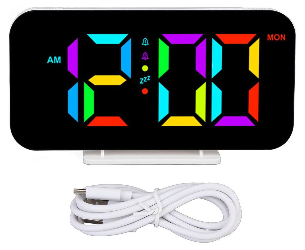 Digitaler Wecker RGB, 5 Helligkeitsstufen, 2 Alarme, einstellbare Lautstärke, 10-stufiges Nachtlicht, Schlummermodus, elektrischer Tischwecker