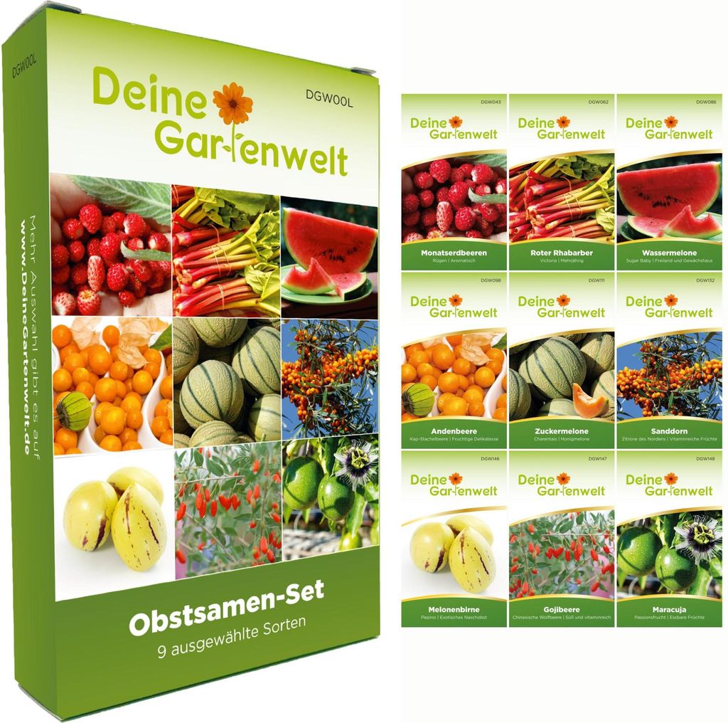Obstsamen Set - 9 Sorten Samen - Saatgut Sortiment - Anzuchtset für Obst - Geschenkset - Wassermelone, Physalis, Erdbeere, Honigmelone, Melonenbir...