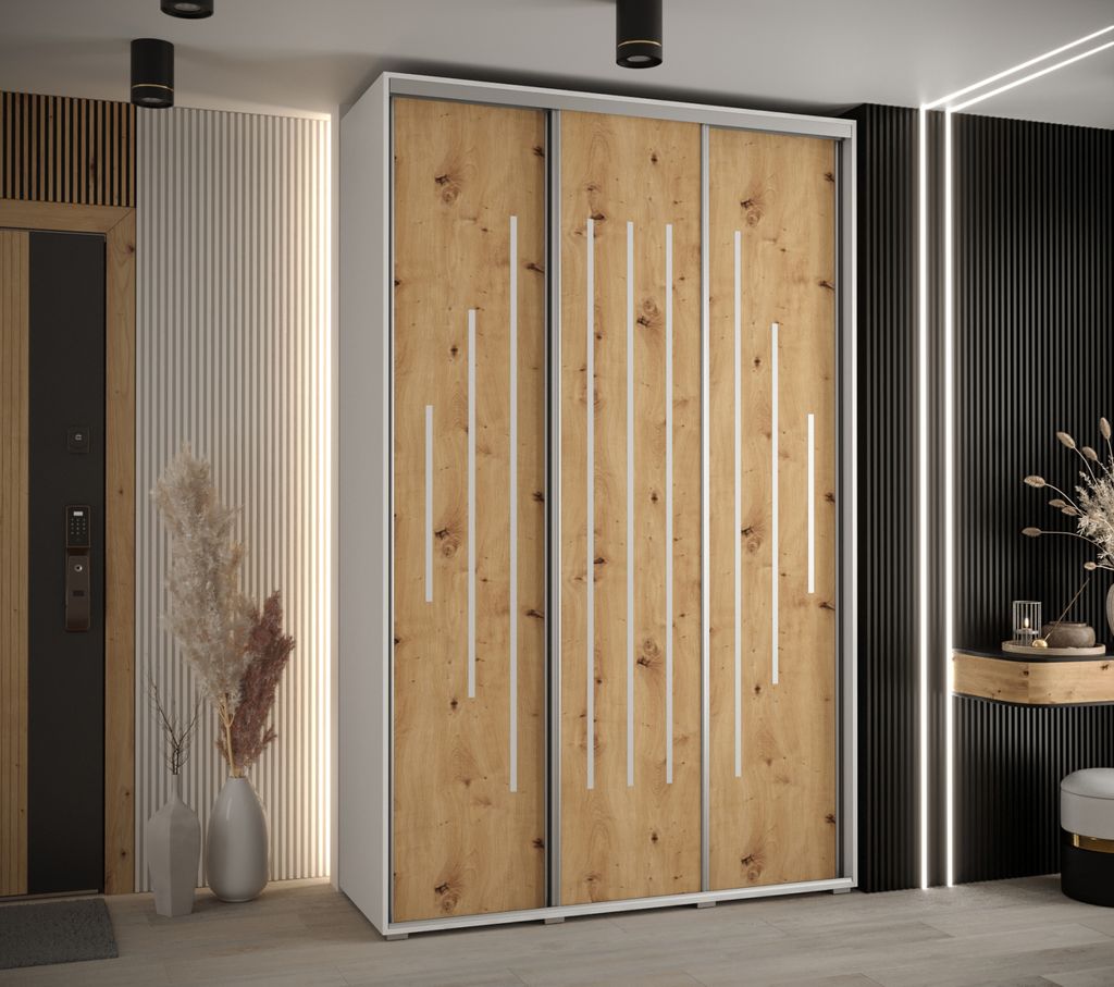 Kleiderschrank ASIRI 12 - 150/45 cm, Weiß / Artisan-Eiche / Silber