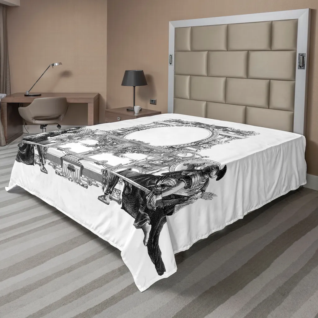 ABAKUHAUS Lenzuolo vittoriano, cornice vittoriana con stampa gladiatore guerriero con spada e copricapo da soldato, lenzuolo superiore morbido e confortevole per un letto decorativo 1 pezzo 260 cm x 228 cm, bianco e nero
