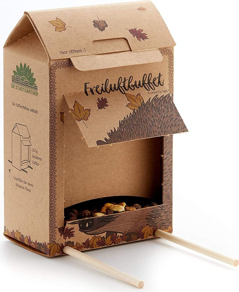 Die Stadtgärtner – Freiluftbuffet für Igel I Futterstelle für Igel I Wetterfeste Futterstation aus Naturkarton mit Holzstäben für einen sich...
