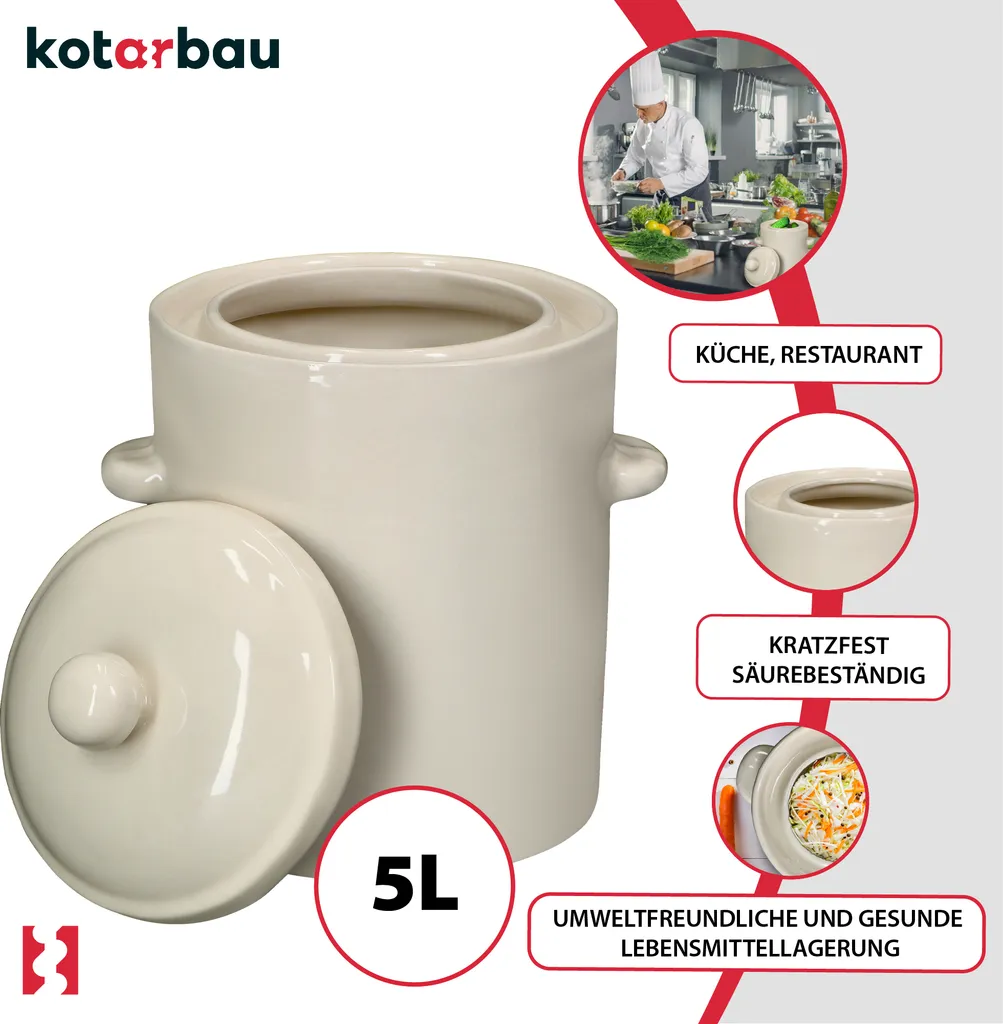 KOTARBAU® Pentola per la fermentazione dei crauti Pentola per crauti da 5 litri in argilla con coperchio Pentola in gres Barile per la fermentazione dei cetrioli Pentola in gres per il rum Pentola per il decapaggio Pentola in pietra Contenitore per kimchi Pentola in gres ceramico - 5