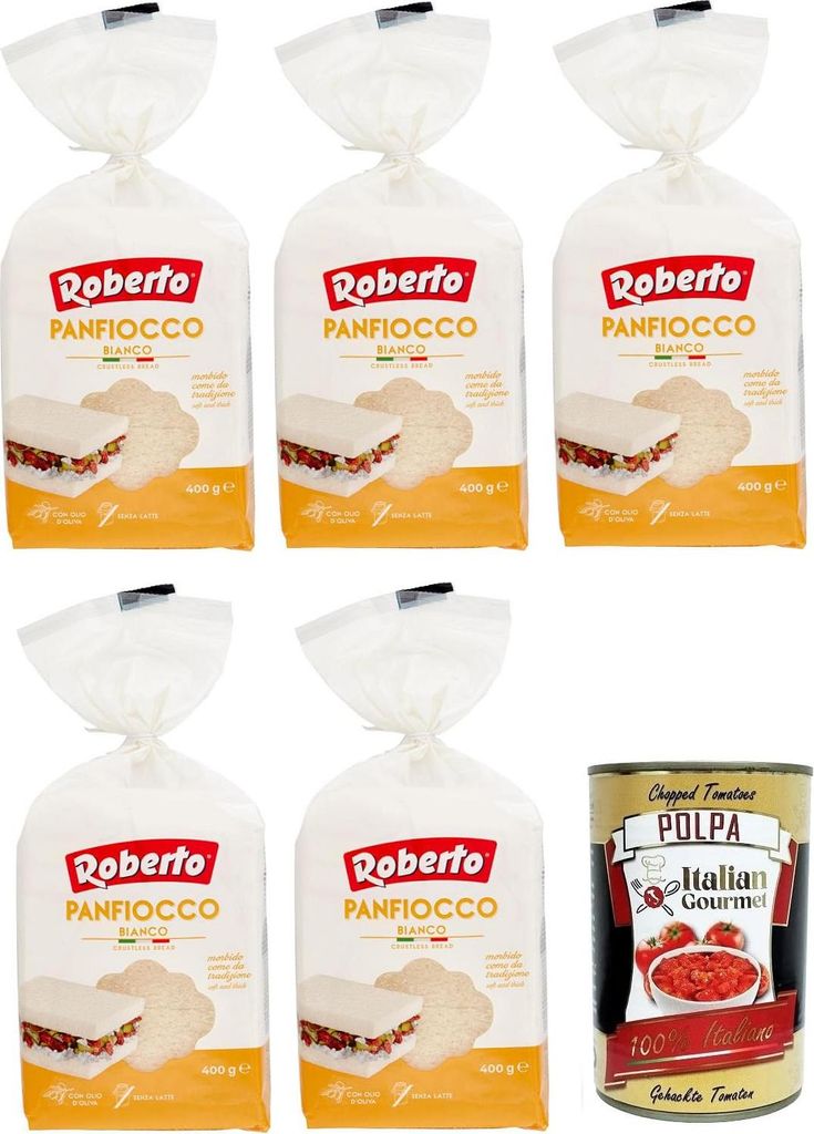 5x Roberto Panfiocco Bianco,Weiches Weißbrot Ohne Kruste,Krustenloses Brot,400g + Italian Gourmet Polpa di Pomodoro 400g Dose