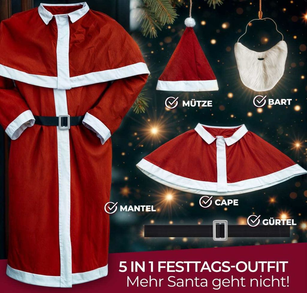 DETEX® Weihnachtsmann Kostüm 5tlg. Set Nikolaus Anzug Produktbild 2