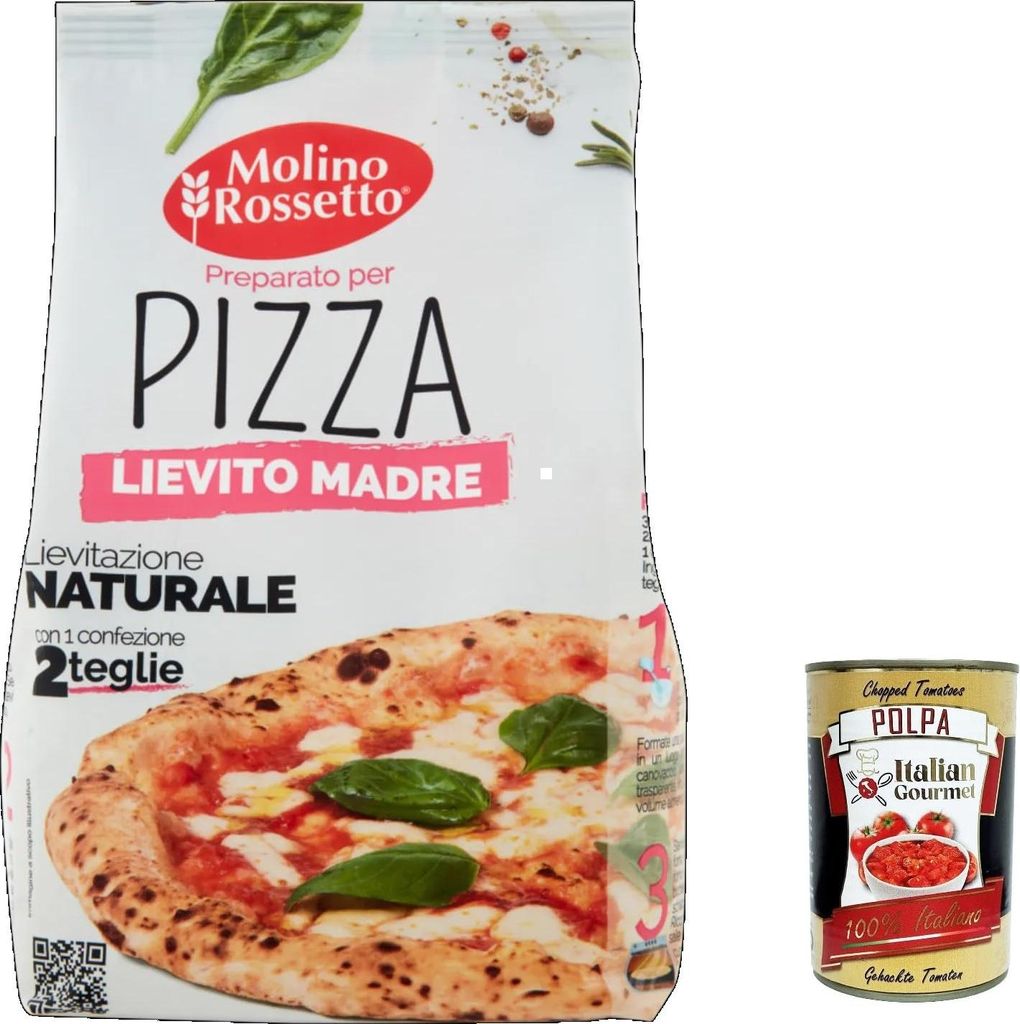 6x Molino Rossetto Preparato per pizza con lievito madre, pizzamischung mit Mutterhefe 750g + Italian Gourmet polpa 400g
