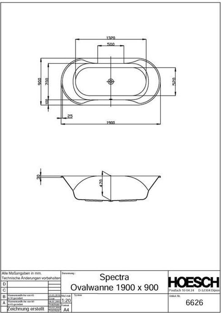 Hoesch Spectra Ovalbadewanne 1900 x 900 mm weiß - 6626.010